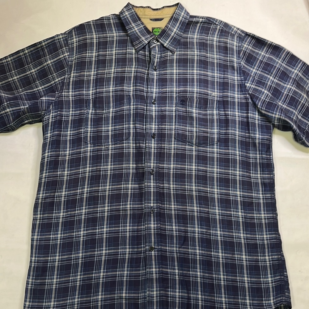 Timberland Men's Blue Plaid Linen Blend Button-Down Shirt Relaxed Outdoor Style